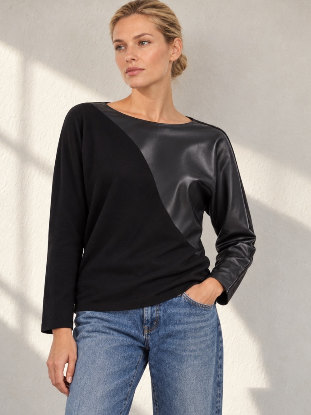 Sioni Black Boat Neck Sweater with Faux Leather Panel